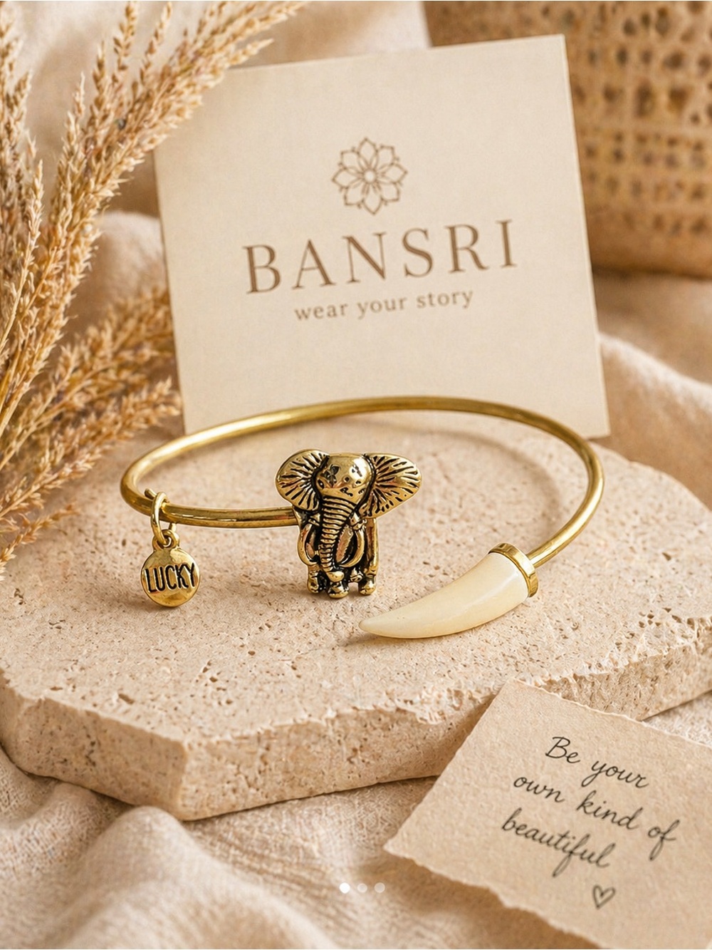 BANSRI Gold Elephant Bracelet Lucky Charm Tusk Boho Cuff Adjustable Boutique - Picture 4 of 5
